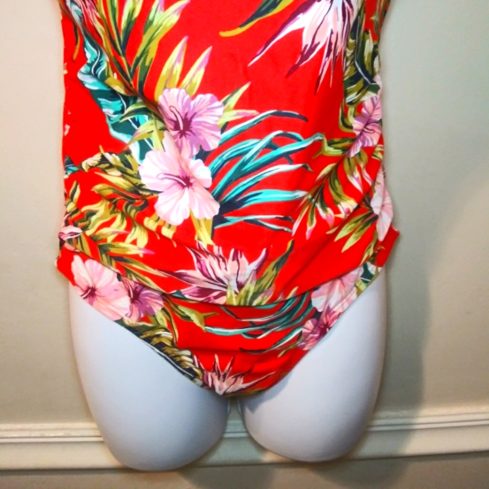 Kona Sol Coral & Multi Floral Hawaiian Print One Piece Ladder Back Swimsuit - Picture 5 of 13